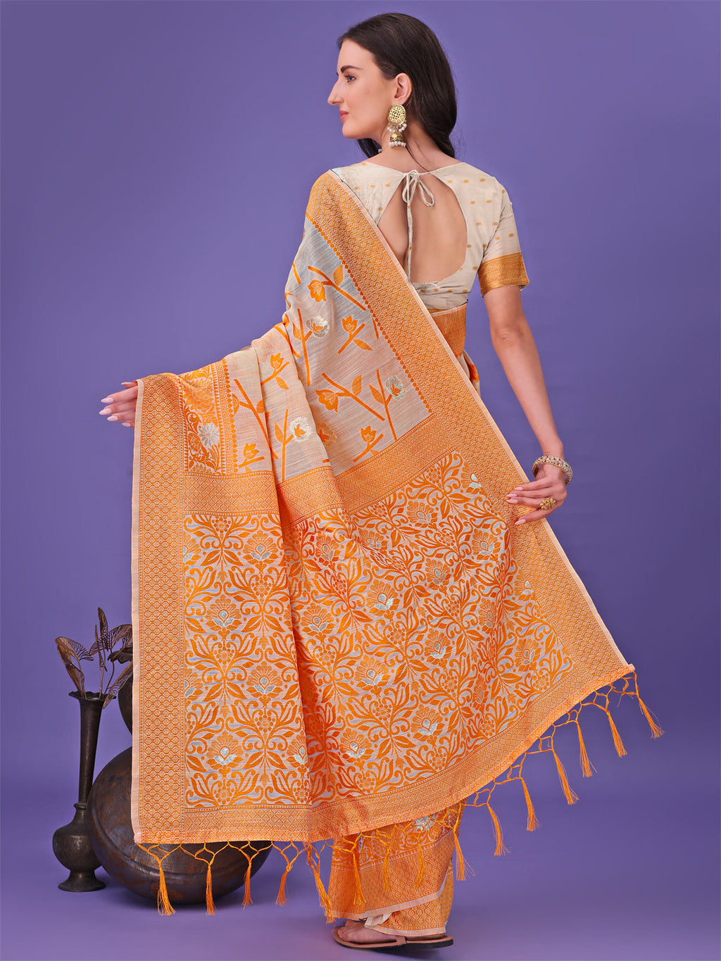 Shree Shyam Fashion Orange Lichi Silk Saree with Floral Weaving & Tassel Pallu - Elegant Festive & Party Wear Saree