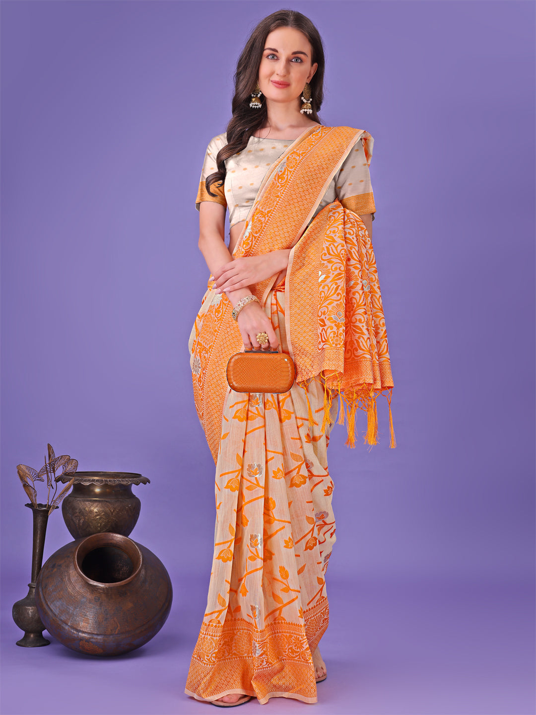 Shree Shyam Fashion Orange Lichi Silk Saree with Floral Weaving & Tassel Pallu - Elegant Festive & Party Wear Saree