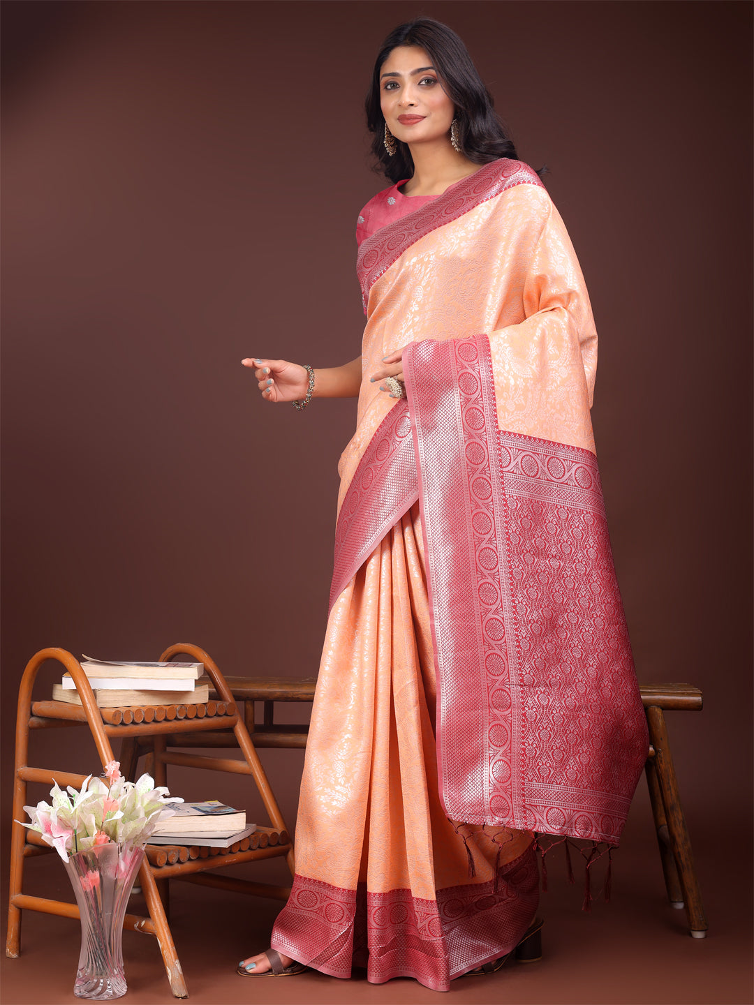 Shree Shyam Fashion Graceful Orange & Maroon Banarasi Silk Saree with Rich Zari Woven Border - Traditional Elegance for Celebrations