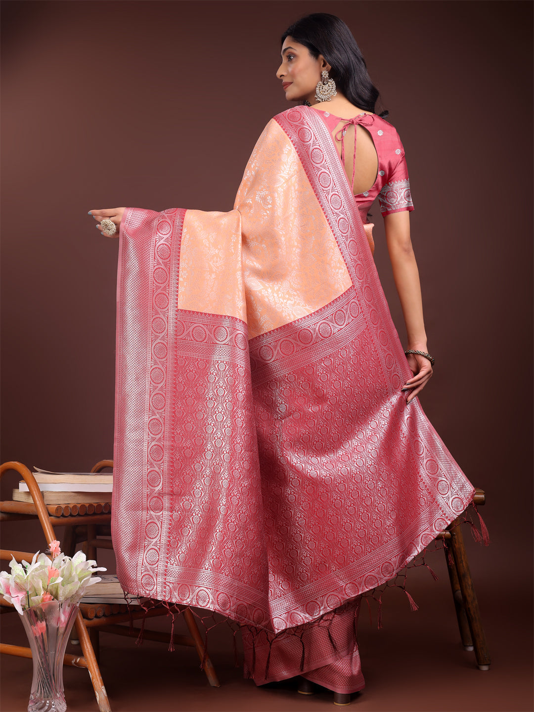 Shree Shyam Fashion Graceful Orange & Maroon Banarasi Silk Saree with Rich Zari Woven Border - Traditional Elegance for Celebrations