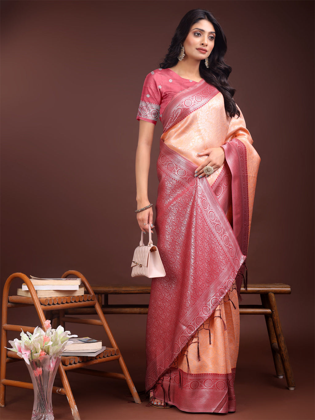 Shree Shyam Fashion Graceful Orange & Maroon Banarasi Silk Saree with Rich Zari Woven Border - Traditional Elegance for Celebrations