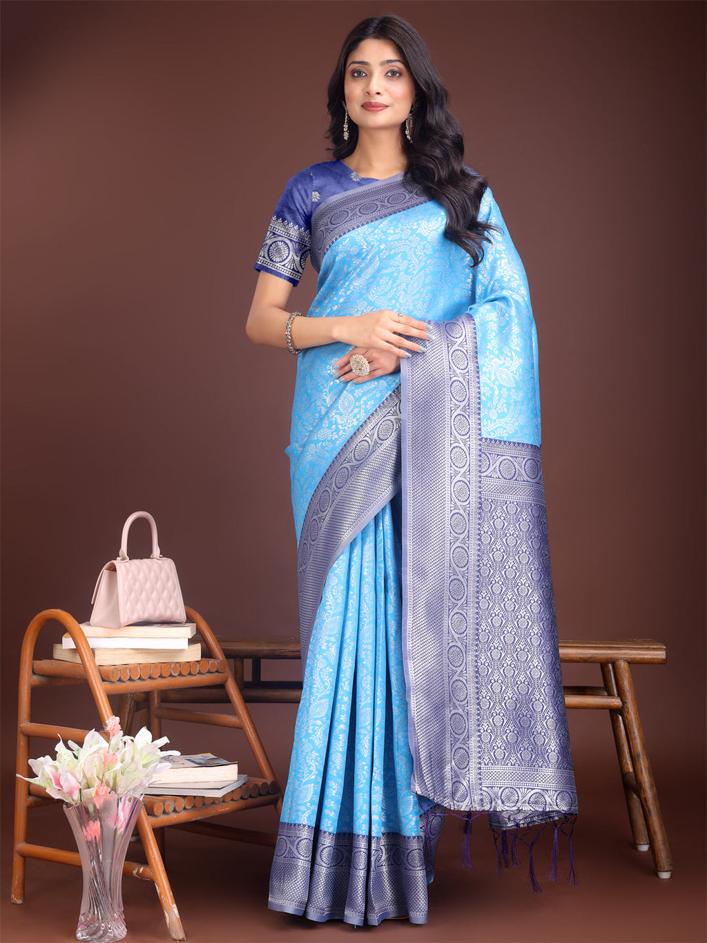 Shree Shyam Fashion Graceful Sky Blue & Blue Banarasi Silk Saree with Rich Zari Woven Border - Traditional Elegance for Celebrations