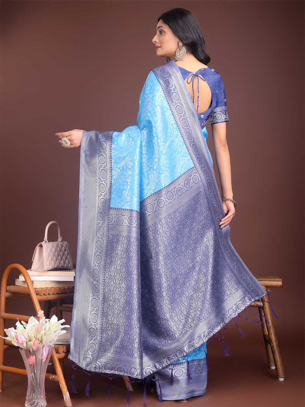 Shree Shyam Fashion Graceful Sky Blue & Blue Banarasi Silk Saree with Rich Zari Woven Border - Traditional Elegance for Celebrations