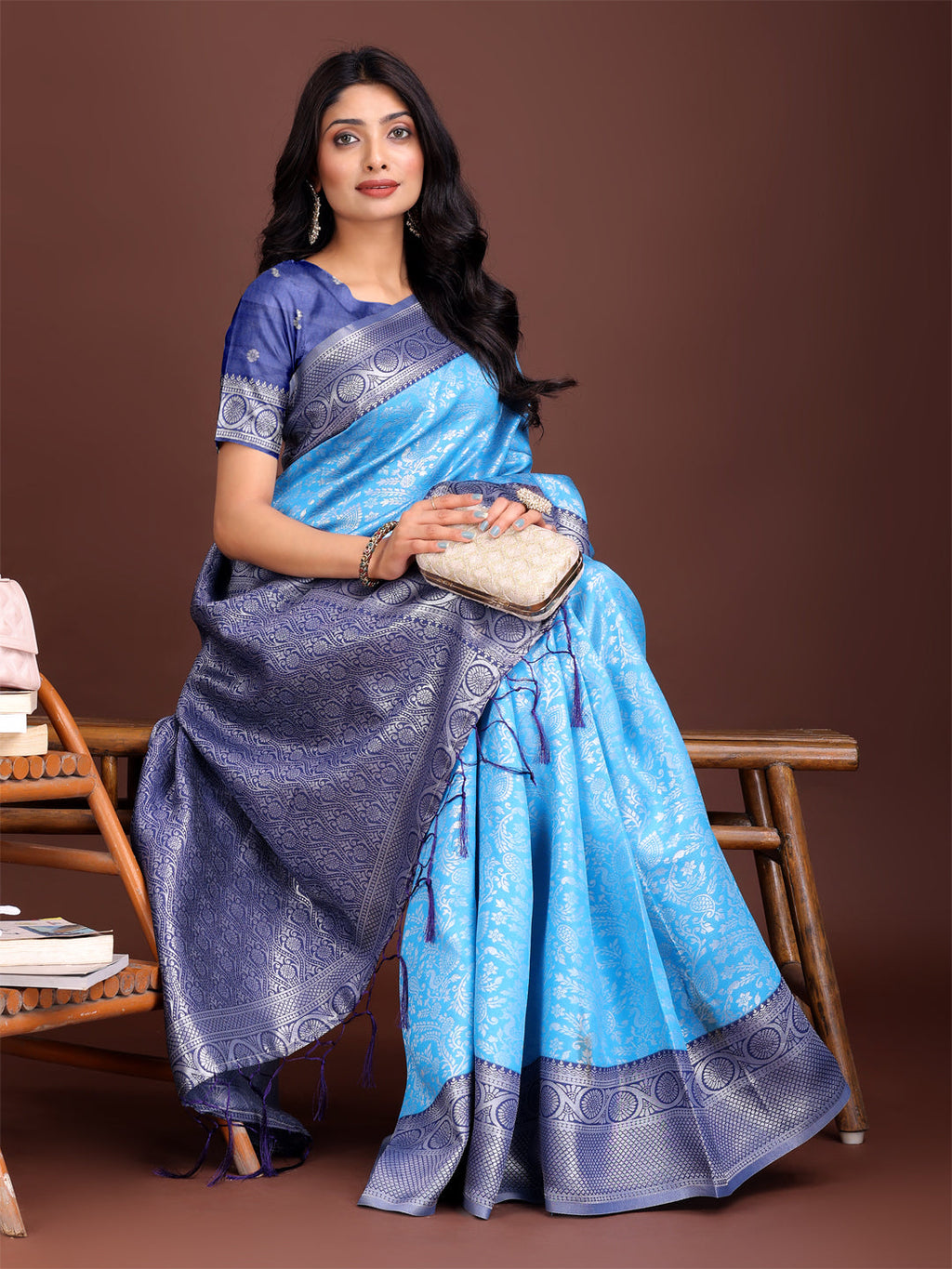 Shree Shyam Fashion Graceful Sky Blue & Blue Banarasi Silk Saree with Rich Zari Woven Border - Traditional Elegance for Celebrations