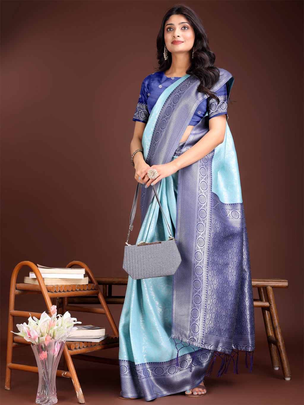 Shree Shyam Fashion Graceful Teal & Blue Banarasi Silk Saree with Rich Zari Woven Border - Traditional Elegance for Celebrations