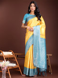 Shree Shyam Fashion Graceful Yellow & Blue Banarasi Silk Saree with Rich Zari Woven Border - Traditional Elegance for Celebrations