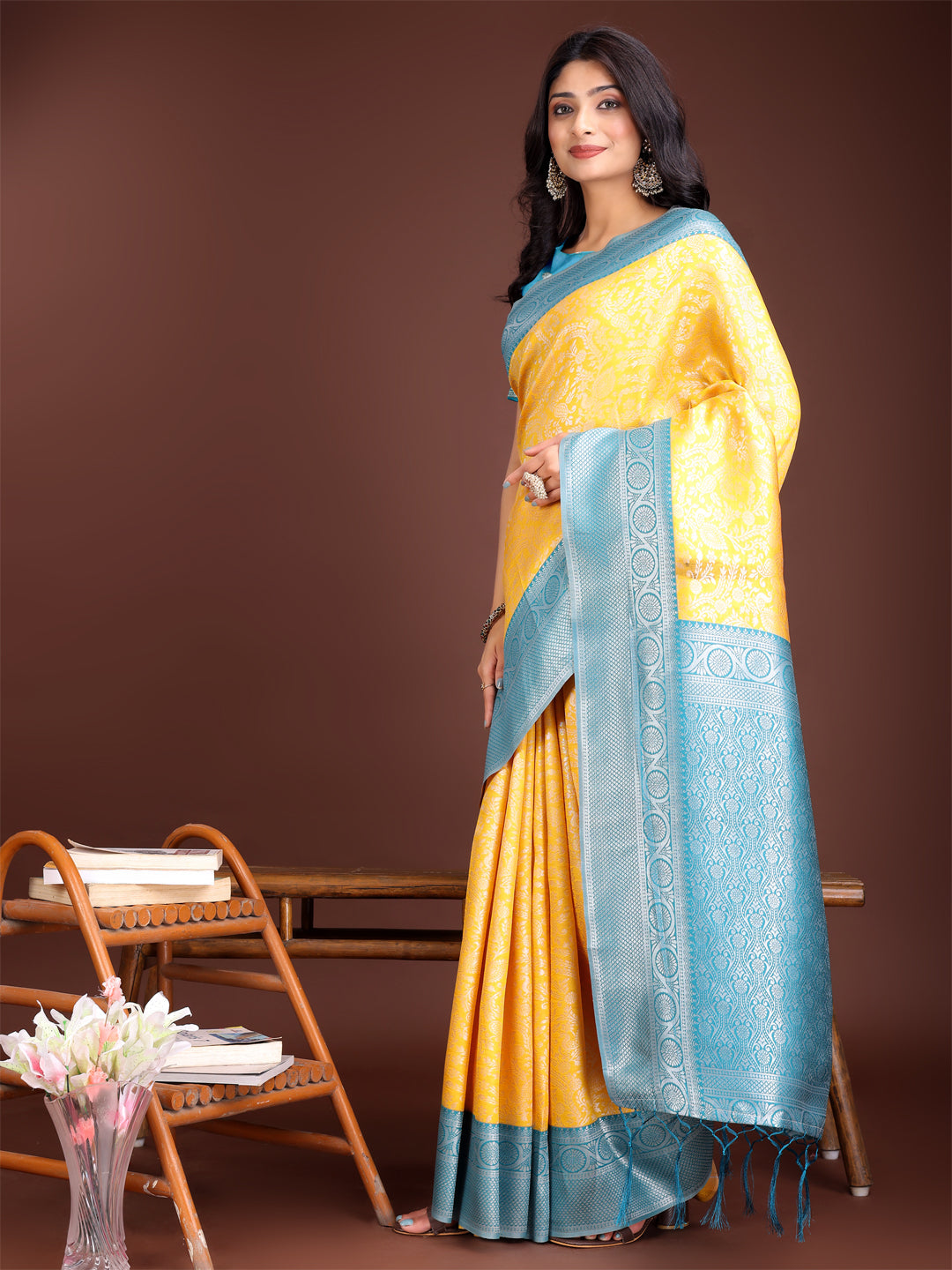 Shree Shyam Fashion Graceful Yellow & Blue Banarasi Silk Saree with Rich Zari Woven Border - Traditional Elegance for Celebrations