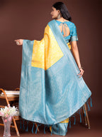 Shree Shyam Fashion Graceful Yellow & Blue Banarasi Silk Saree with Rich Zari Woven Border - Traditional Elegance for Celebrations