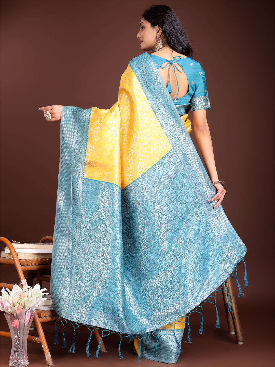 Shree Shyam Fashion Graceful Yellow & Blue Banarasi Silk Saree with Rich Zari Woven Border - Traditional Elegance for Celebrations
