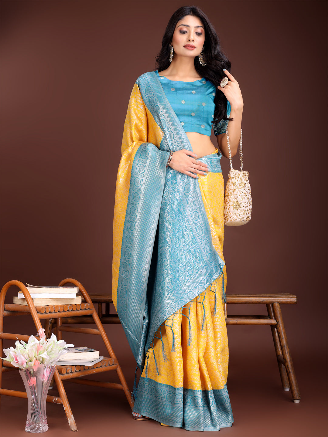 Shree Shyam Fashion Graceful Yellow & Blue Banarasi Silk Saree with Rich Zari Woven Border - Traditional Elegance for Celebrations