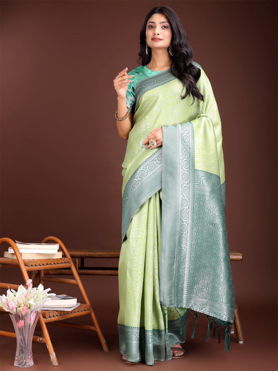 Shree Shyam Fashion Graceful Light Green & Green Banarasi Silk Saree with Rich Zari Woven Border - Traditional Elegance for Celebrations