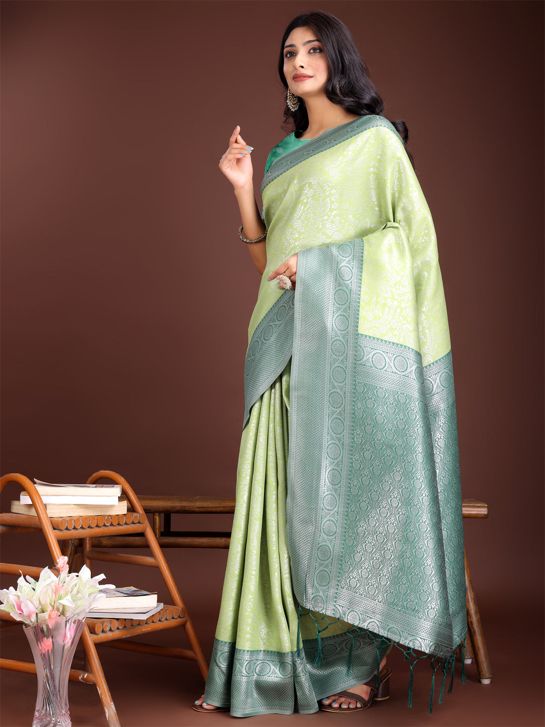 Shree Shyam Fashion Graceful Light Green & Green Banarasi Silk Saree with Rich Zari Woven Border - Traditional Elegance for Celebrations