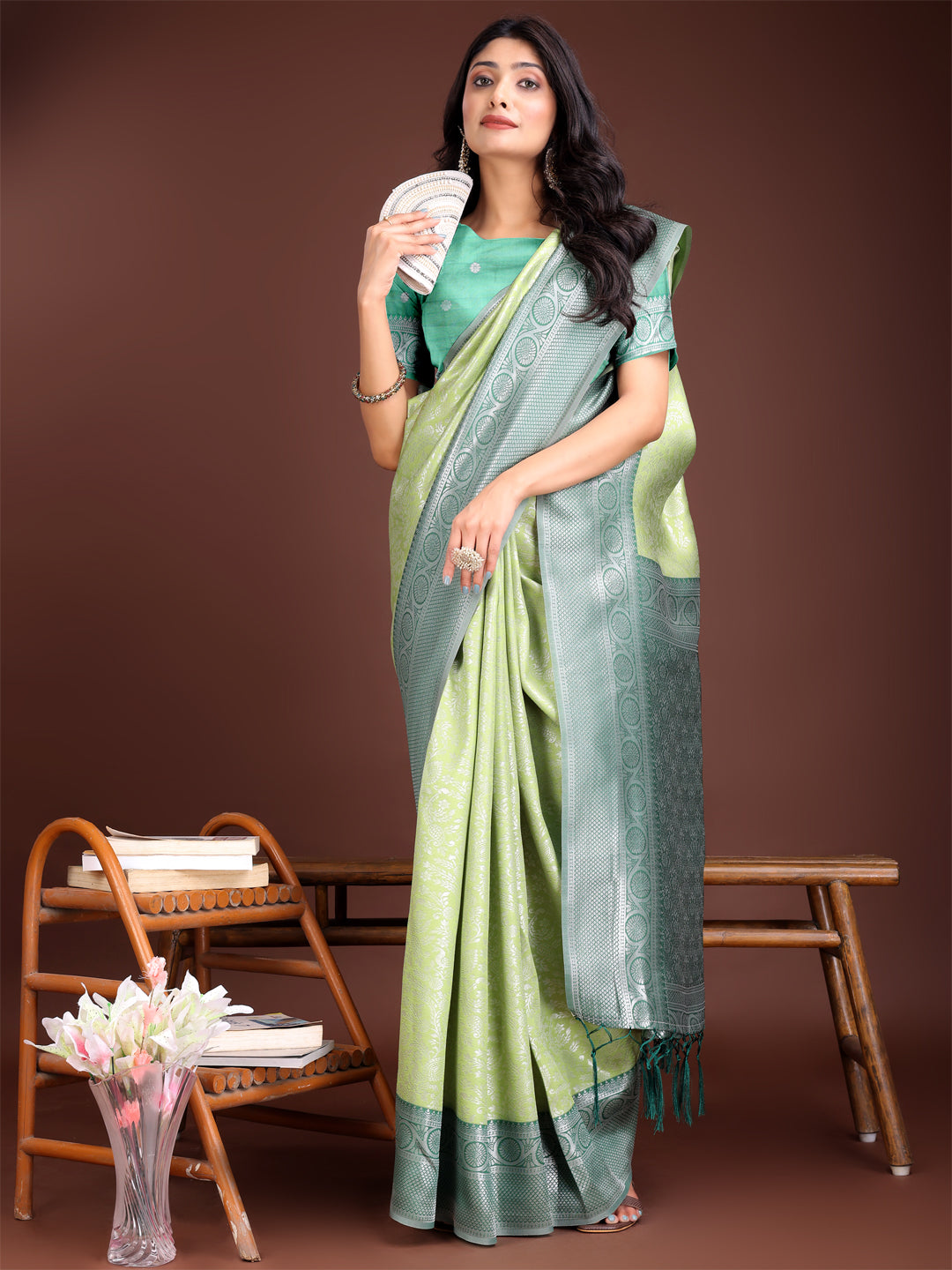 Shree Shyam Fashion Graceful Light Green & Green Banarasi Silk Saree with Rich Zari Woven Border - Traditional Elegance for Celebrations