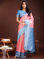 Shree Shyam Fashion Graceful Peach & Blue Banarasi Silk Saree with Rich Zari Woven Border - Traditional Elegance for Celebrations