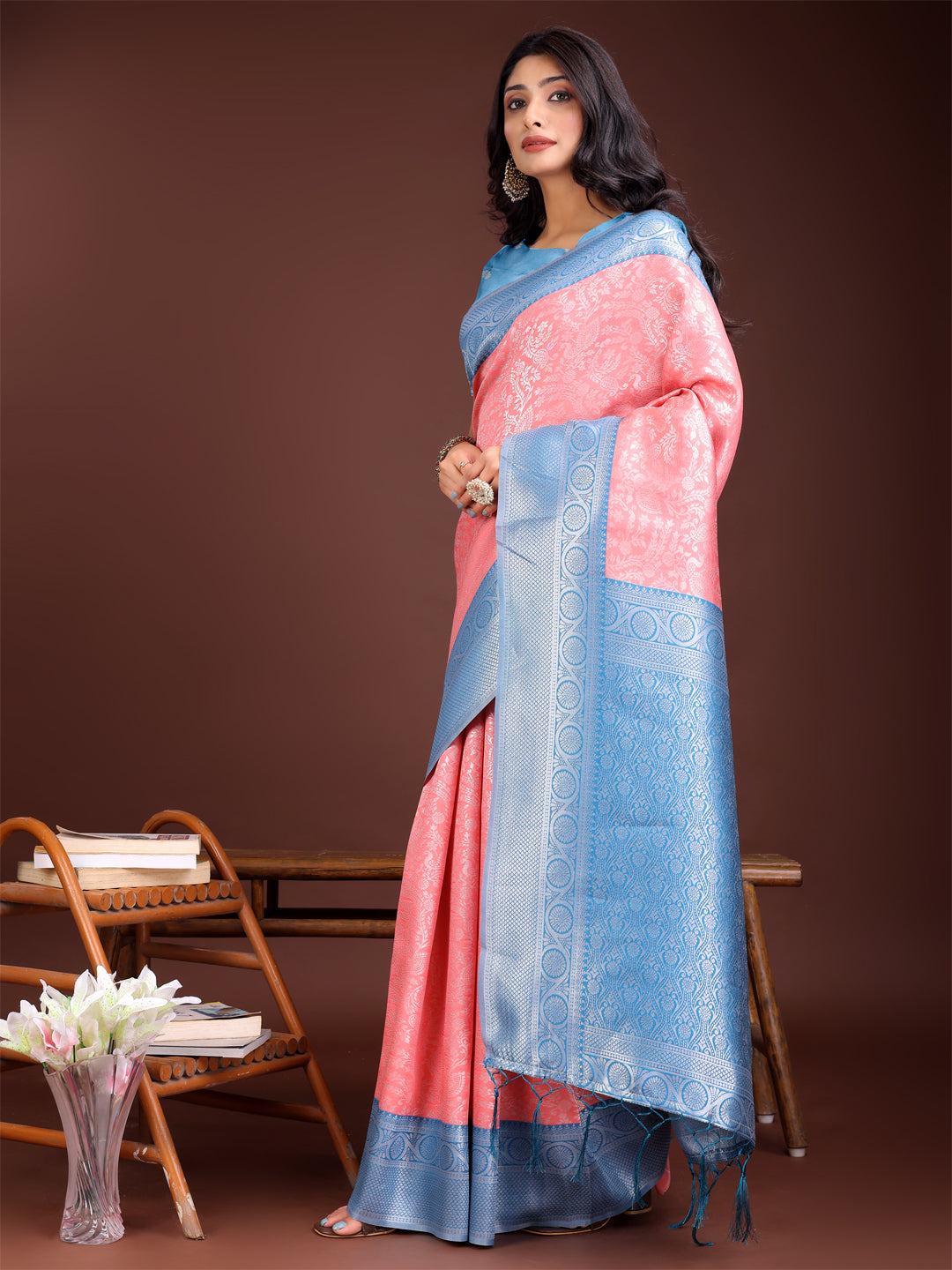 Shree Shyam Fashion Graceful Peach & Blue Banarasi Silk Saree with Rich Zari Woven Border - Traditional Elegance for Celebrations