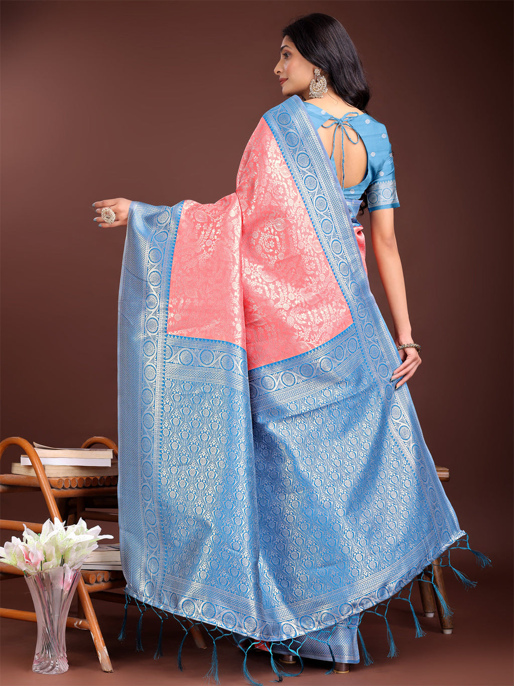 Shree Shyam Fashion Graceful Peach & Blue Banarasi Silk Saree with Rich Zari Woven Border - Traditional Elegance for Celebrations