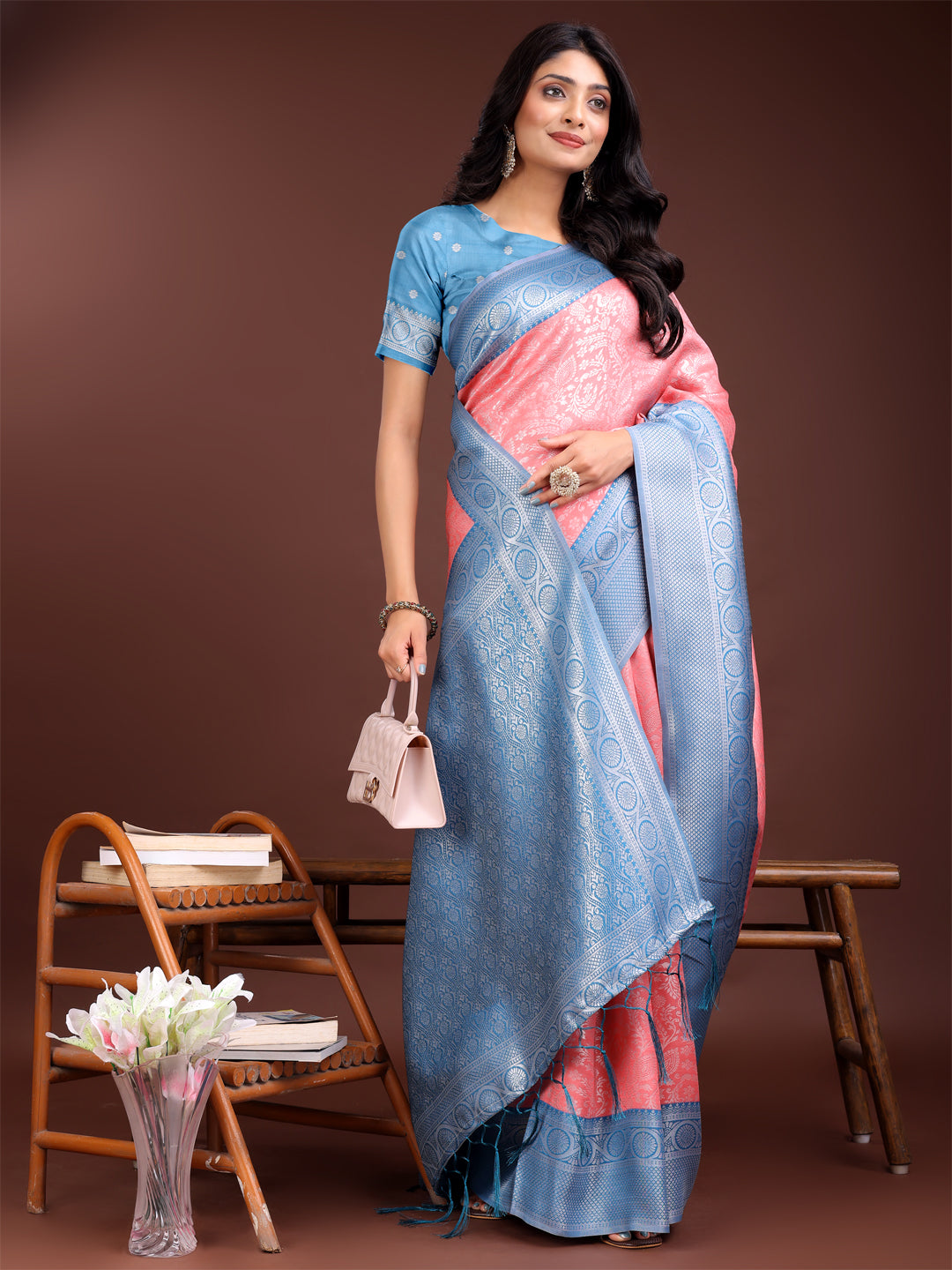 Shree Shyam Fashion Graceful Peach & Blue Banarasi Silk Saree with Rich Zari Woven Border - Traditional Elegance for Celebrations