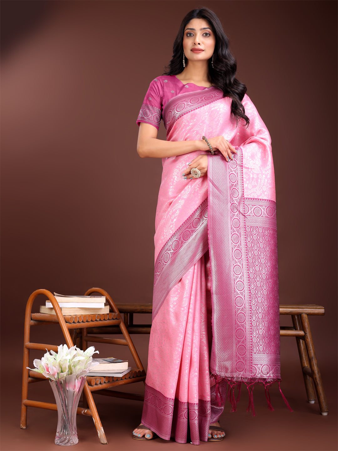Shree Shyam Fashion Graceful Light Pink & Pink Banarasi Silk Saree with Rich Zari Woven Border - Traditional Elegance for Celebrations