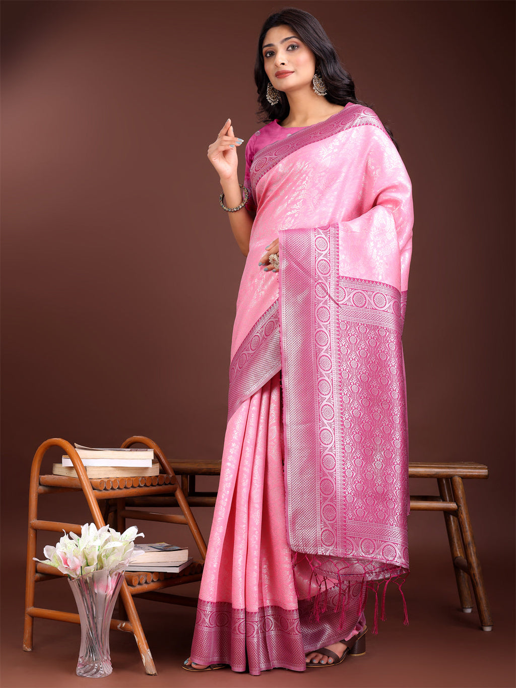 Shree Shyam Fashion Graceful Light Pink & Pink Banarasi Silk Saree with Rich Zari Woven Border - Traditional Elegance for Celebrations
