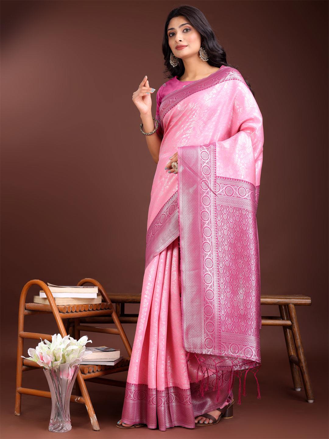 Shree Shyam Fashion Graceful Light Pink & Pink Banarasi Silk Saree with Rich Zari Woven Border - Traditional Elegance for Celebrations