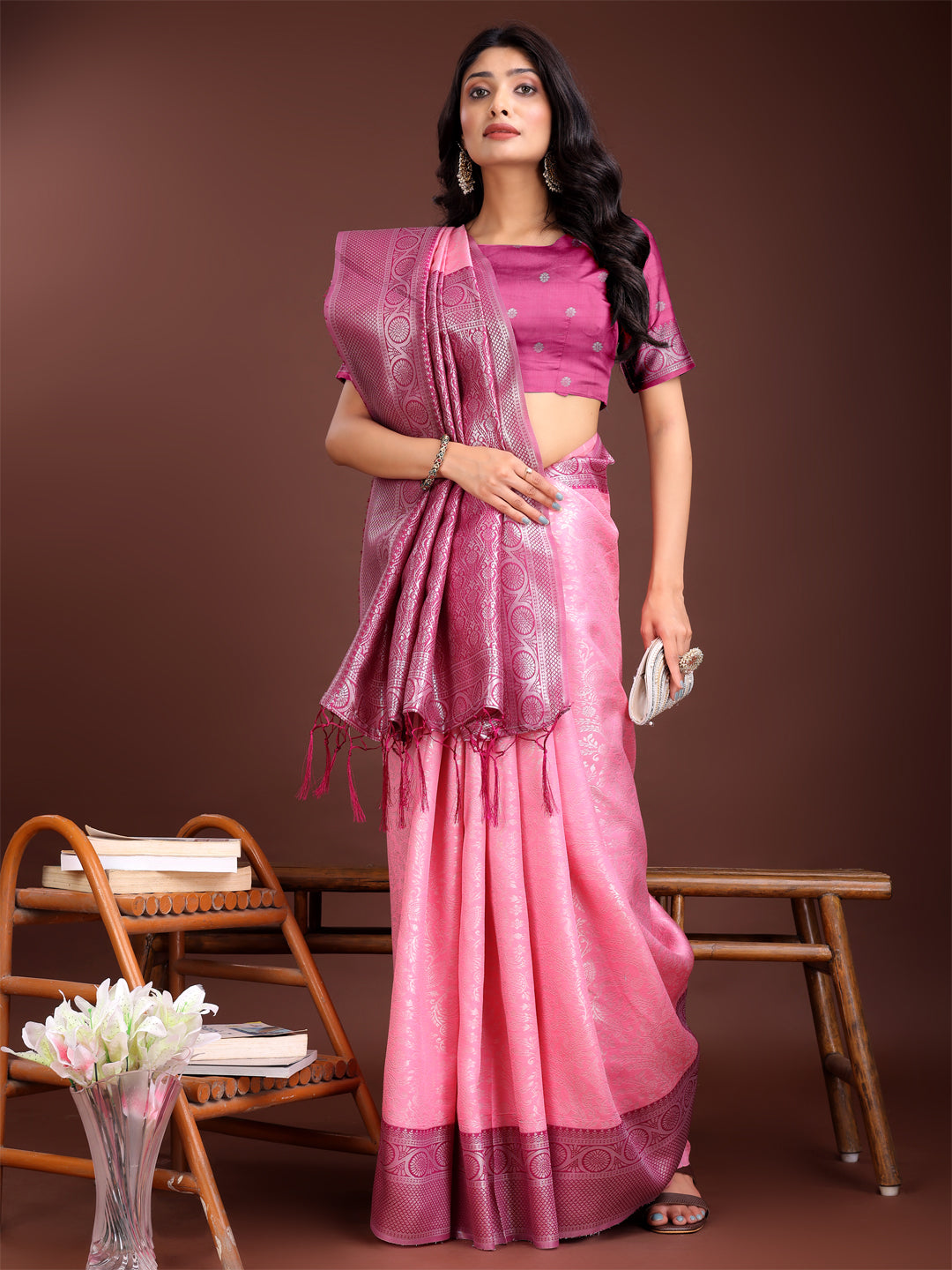 Shree Shyam Fashion Graceful Light Pink & Pink Banarasi Silk Saree with Rich Zari Woven Border - Traditional Elegance for Celebrations