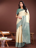 Shree Shyam Fashion Graceful Cream & Green Banarasi Silk Saree with Rich Zari Woven Border - Traditional Elegance for Celebrations
