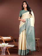 Shree Shyam Fashion Graceful Cream & Green Banarasi Silk Saree with Rich Zari Woven Border - Traditional Elegance for Celebrations