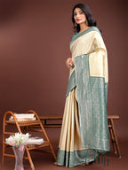 Shree Shyam Fashion Graceful Cream & Green Banarasi Silk Saree with Rich Zari Woven Border - Traditional Elegance for Celebrations