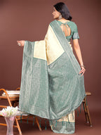 Shree Shyam Fashion Graceful Cream & Green Banarasi Silk Saree with Rich Zari Woven Border - Traditional Elegance for Celebrations