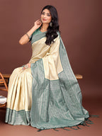 Shree Shyam Fashion Graceful Cream & Green Banarasi Silk Saree with Rich Zari Woven Border - Traditional Elegance for Celebrations