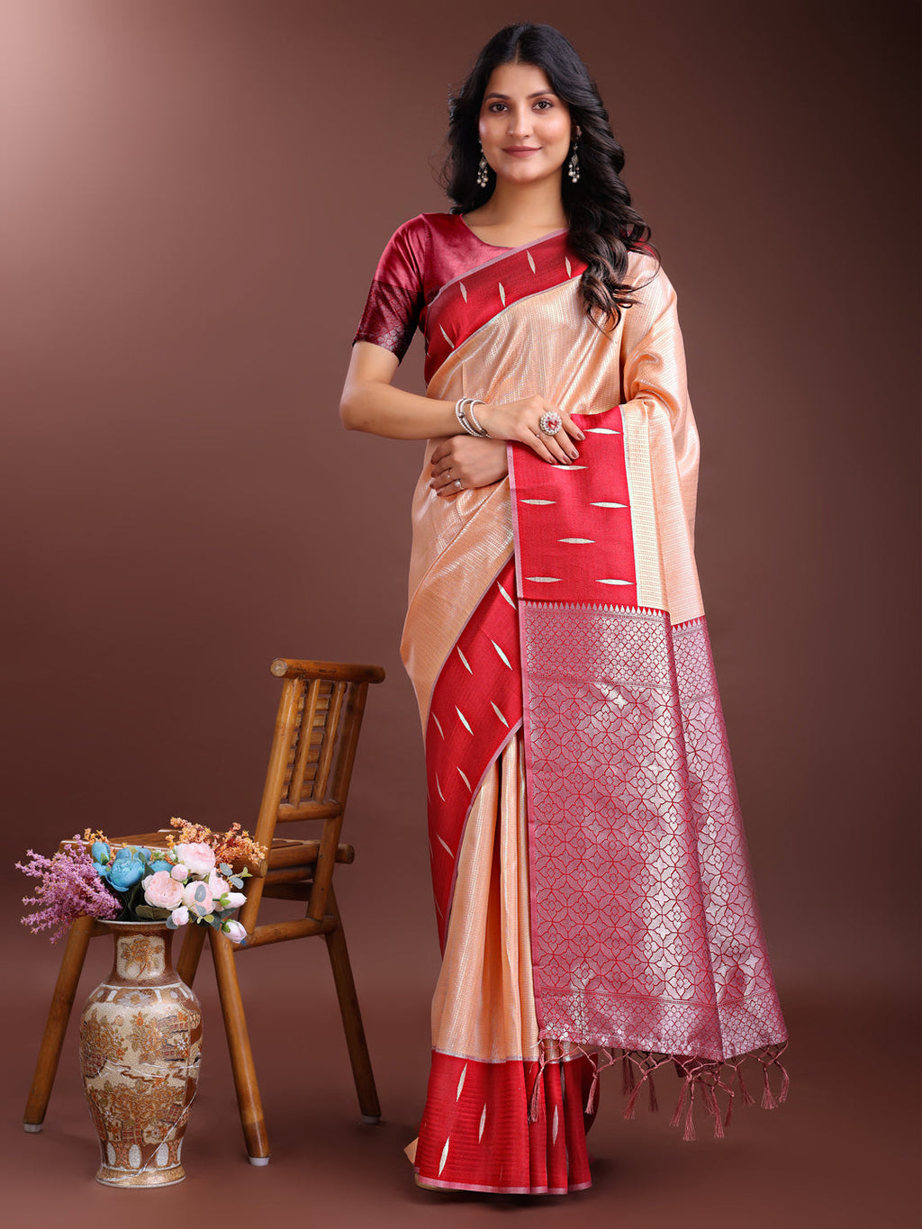 Shree Shyam Fashion Orange Lichi Silk Woven Zari Work Traditional Tassel Saree