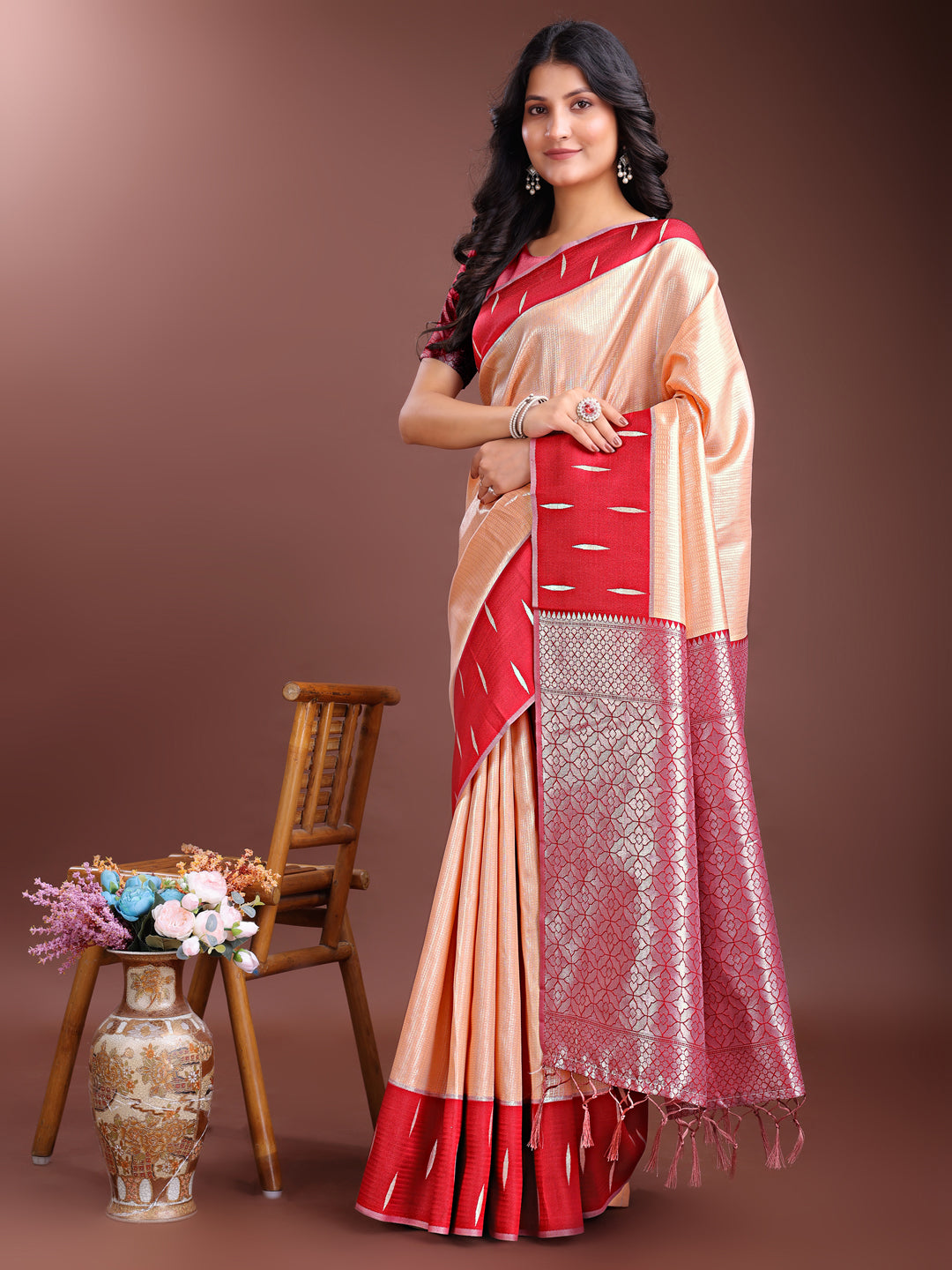 Shree Shyam Fashion Orange Lichi Silk Woven Zari Work Traditional Tassel Saree