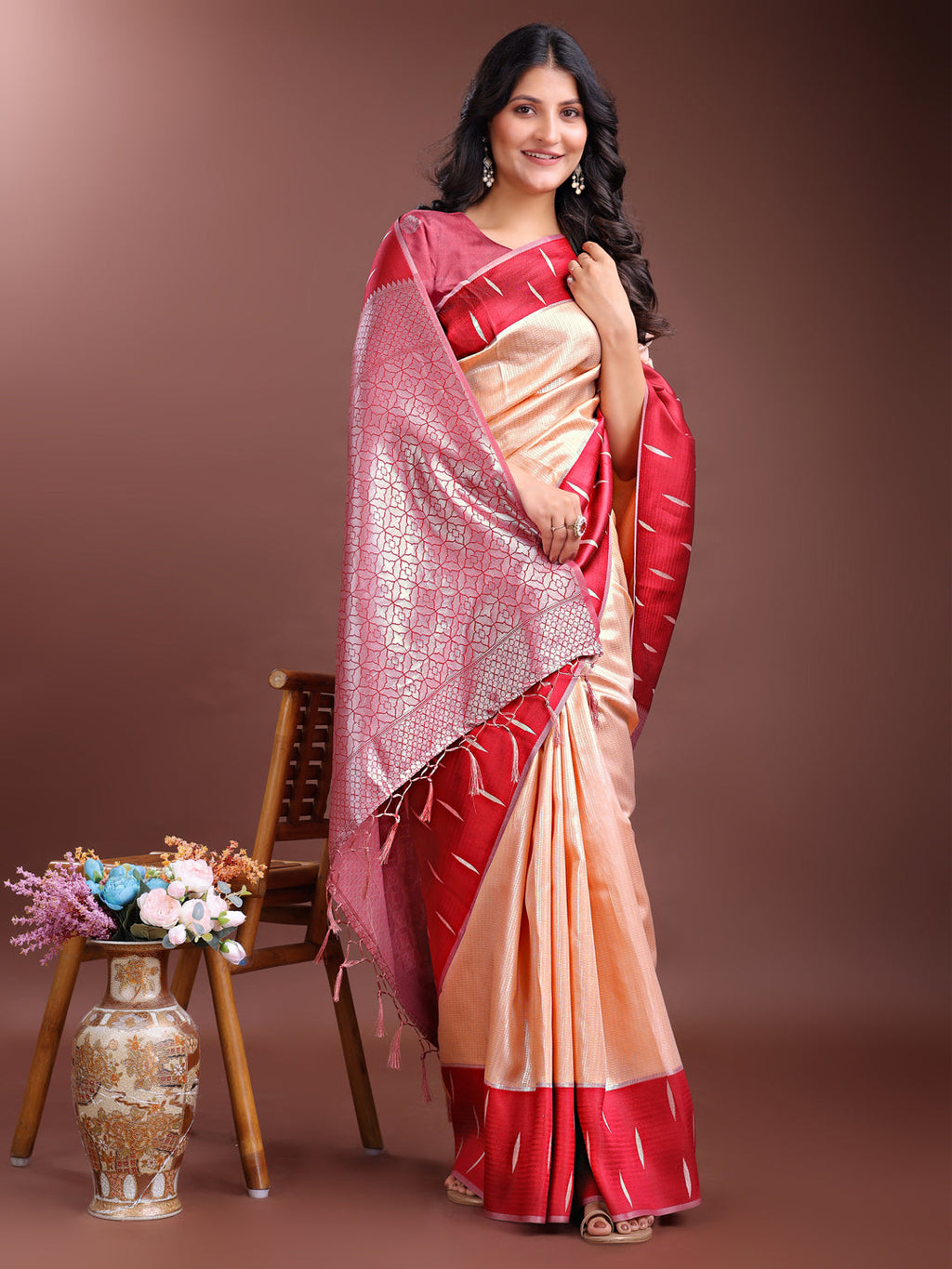 Shree Shyam Fashion Orange Lichi Silk Woven Zari Work Traditional Tassel Saree