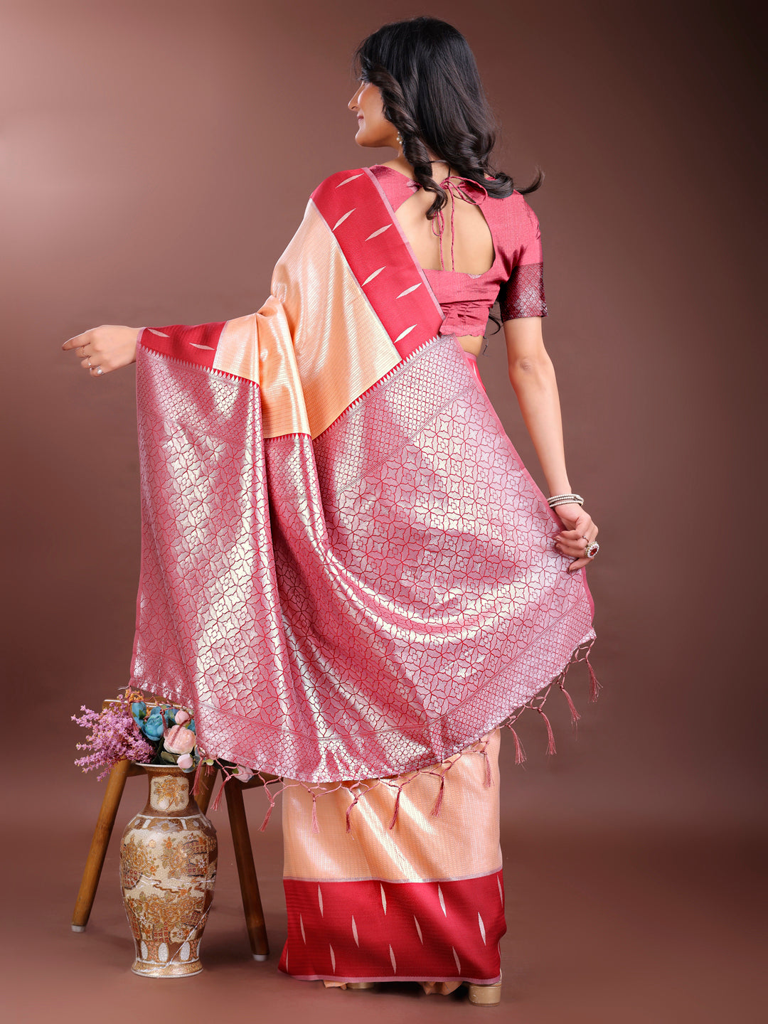 Shree Shyam Fashion Orange Lichi Silk Woven Zari Work Traditional Tassel Saree