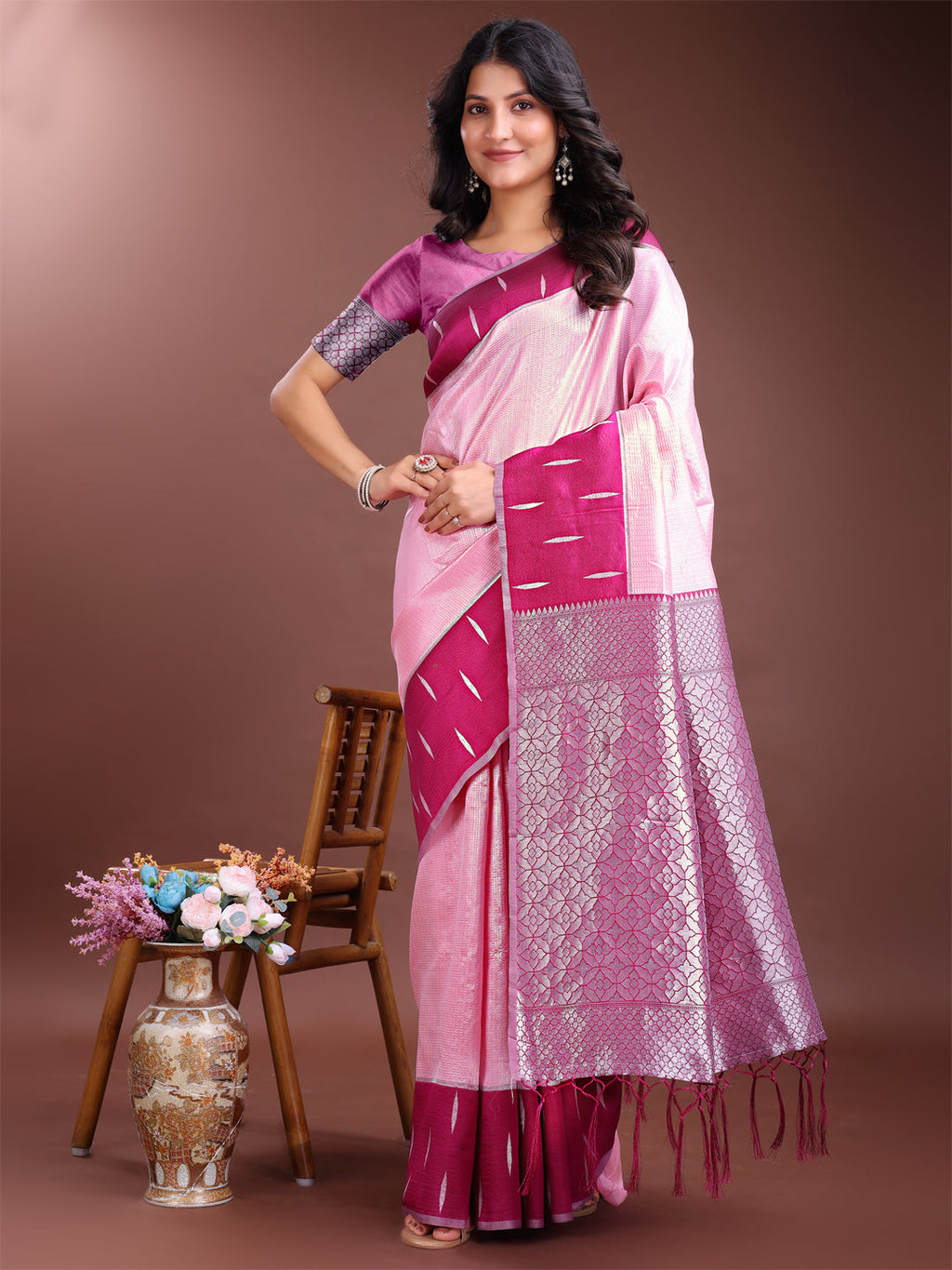 Shree Shyam Fashion Pink Lichi Silk Woven Zari Work Traditional Tassel Saree
