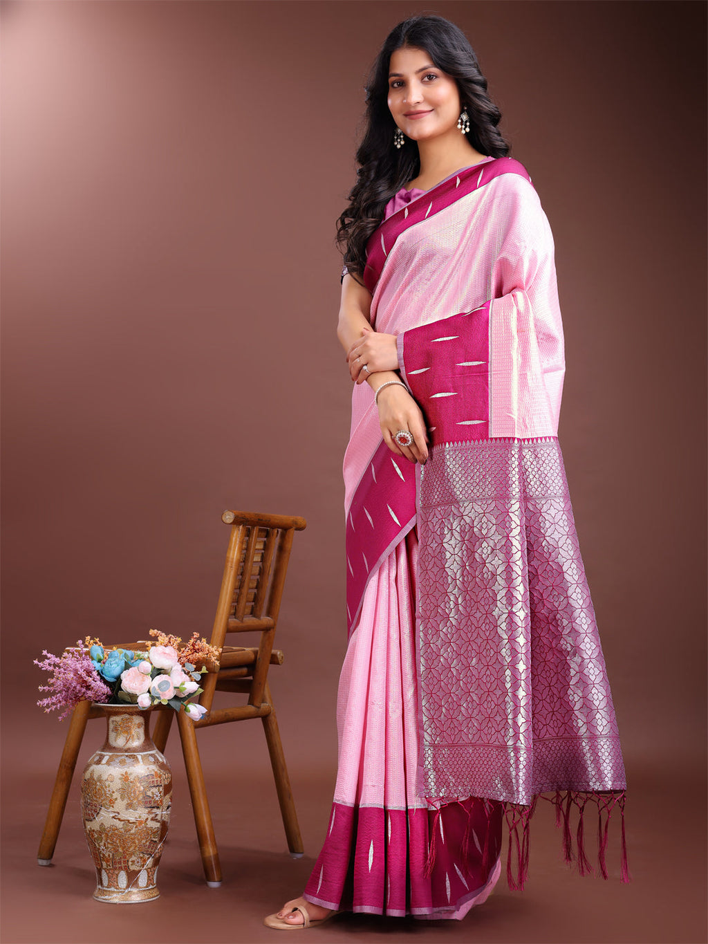 Shree Shyam Fashion Pink Lichi Silk Woven Zari Work Traditional Tassel Saree