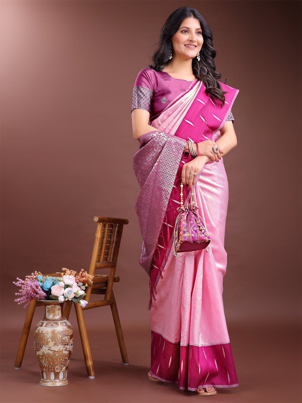 Shree Shyam Fashion Pink Lichi Silk Woven Zari Work Traditional Tassel Saree