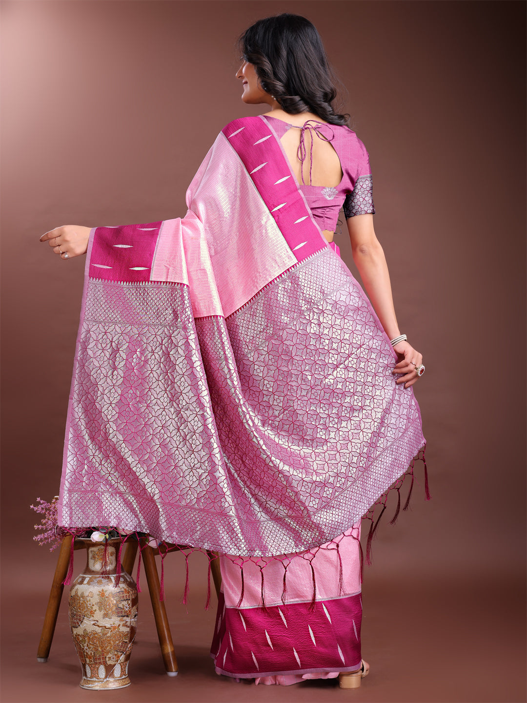 Shree Shyam Fashion Pink Lichi Silk Woven Zari Work Traditional Tassel Saree