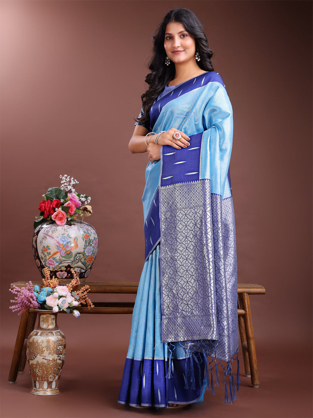 Shree Shyam Fashion Sky Blue Lichi Silk Woven Zari Work Traditional Tassel Saree