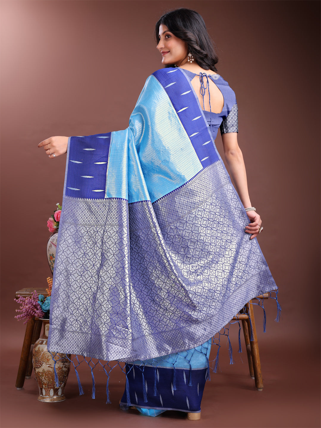 Shree Shyam Fashion Sky Blue Lichi Silk Woven Zari Work Traditional Tassel Saree
