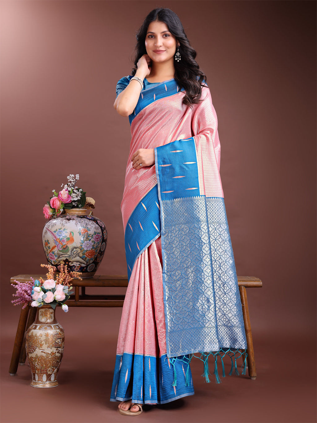 Shree Shyam Fashion Peach Lichi Silk Woven Zari Work Traditional Tassel Saree
