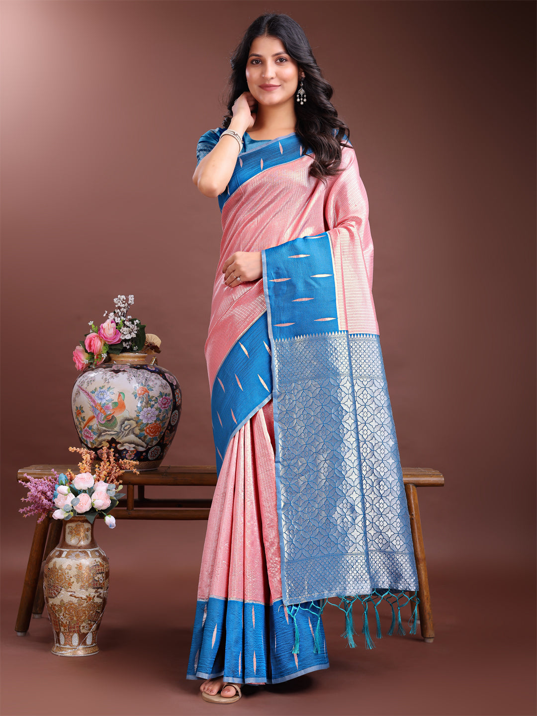 Shree Shyam Fashion Peach Lichi Silk Woven Zari Work Traditional Tassel Saree