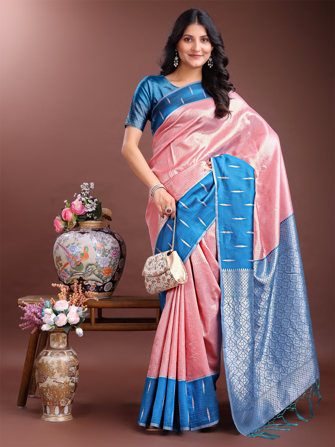 Shree Shyam Fashion Peach Lichi Silk Woven Zari Work Traditional Tassel Saree