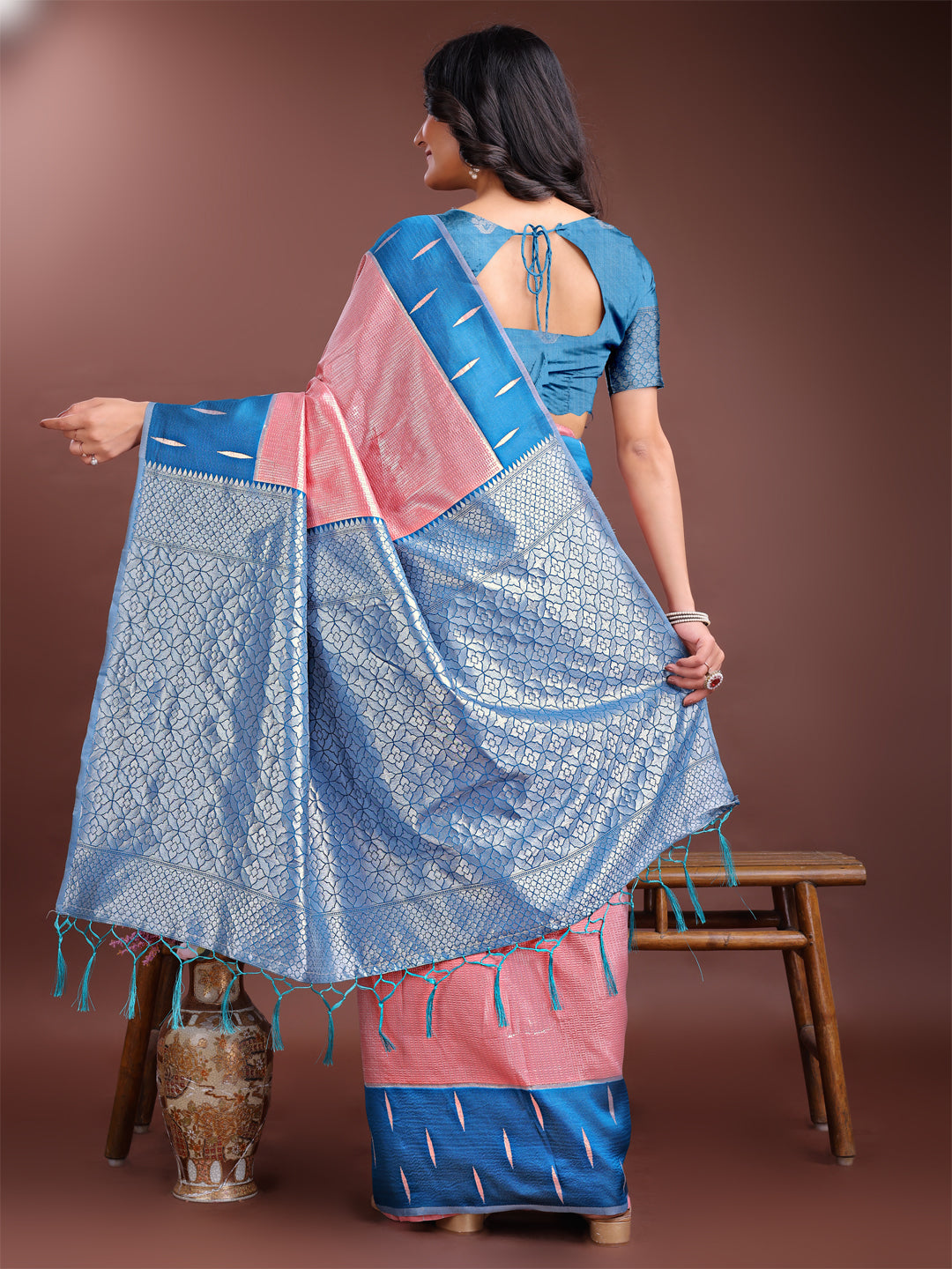 Shree Shyam Fashion Peach Lichi Silk Woven Zari Work Traditional Tassel Saree