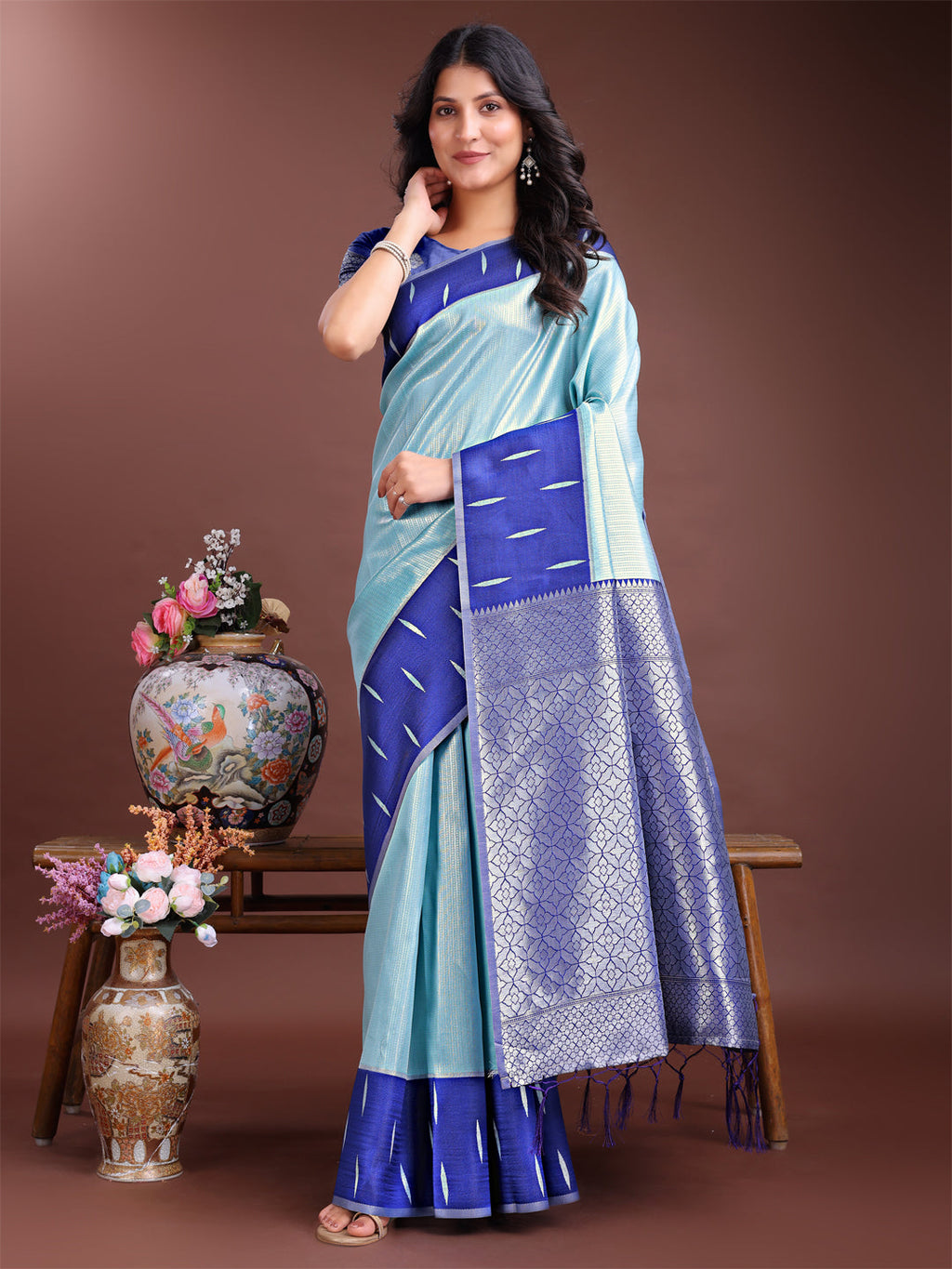 Shree Shyam Fashion Sea Green Lichi Silk Woven Zari Work Traditional Tassel Saree