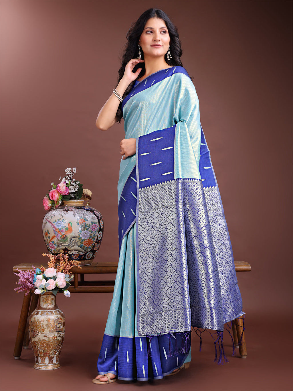 Shree Shyam Fashion Sea Green Lichi Silk Woven Zari Work Traditional Tassel Saree