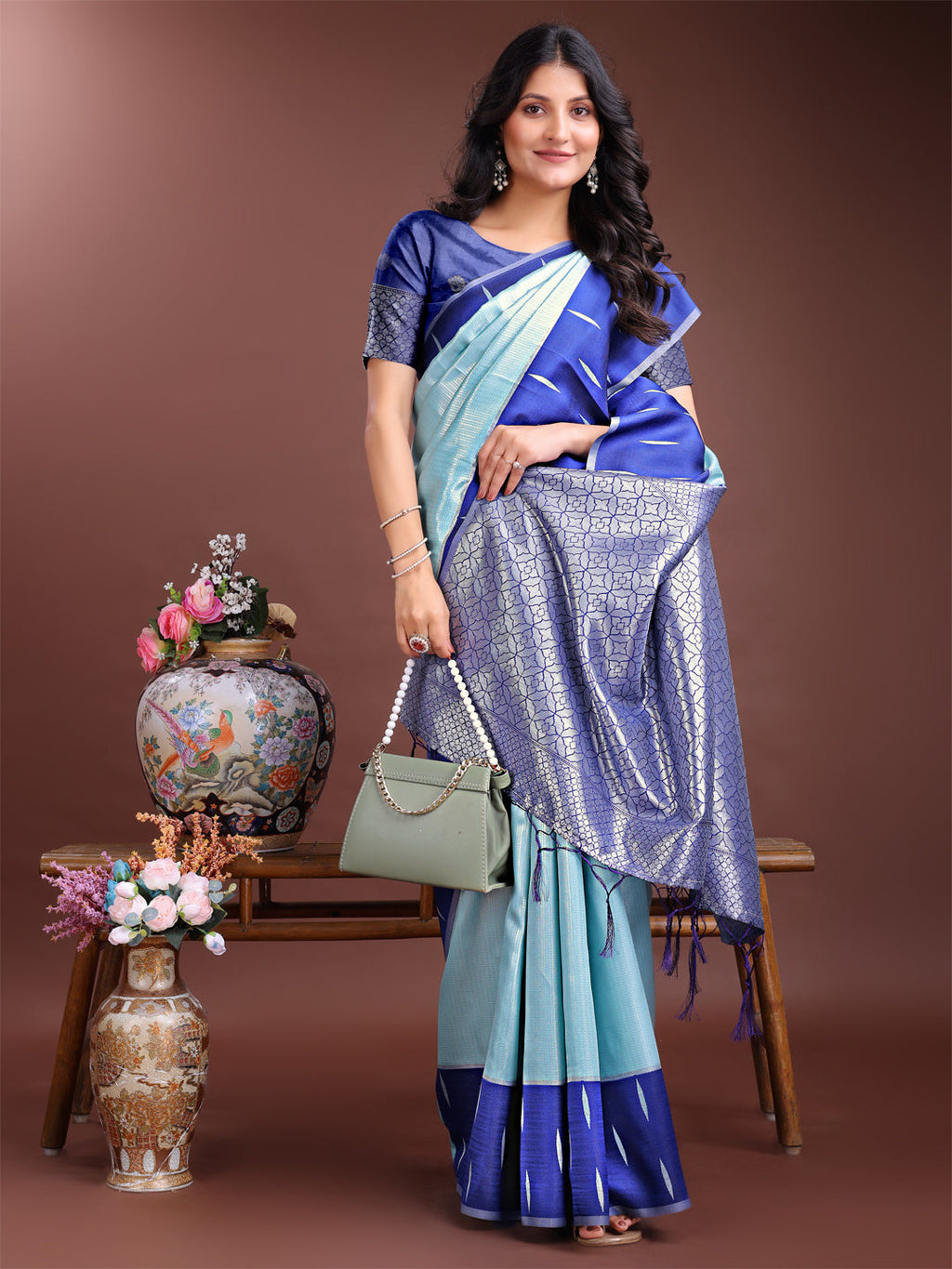 Shree Shyam Fashion Sea Green Lichi Silk Woven Zari Work Traditional Tassel Saree