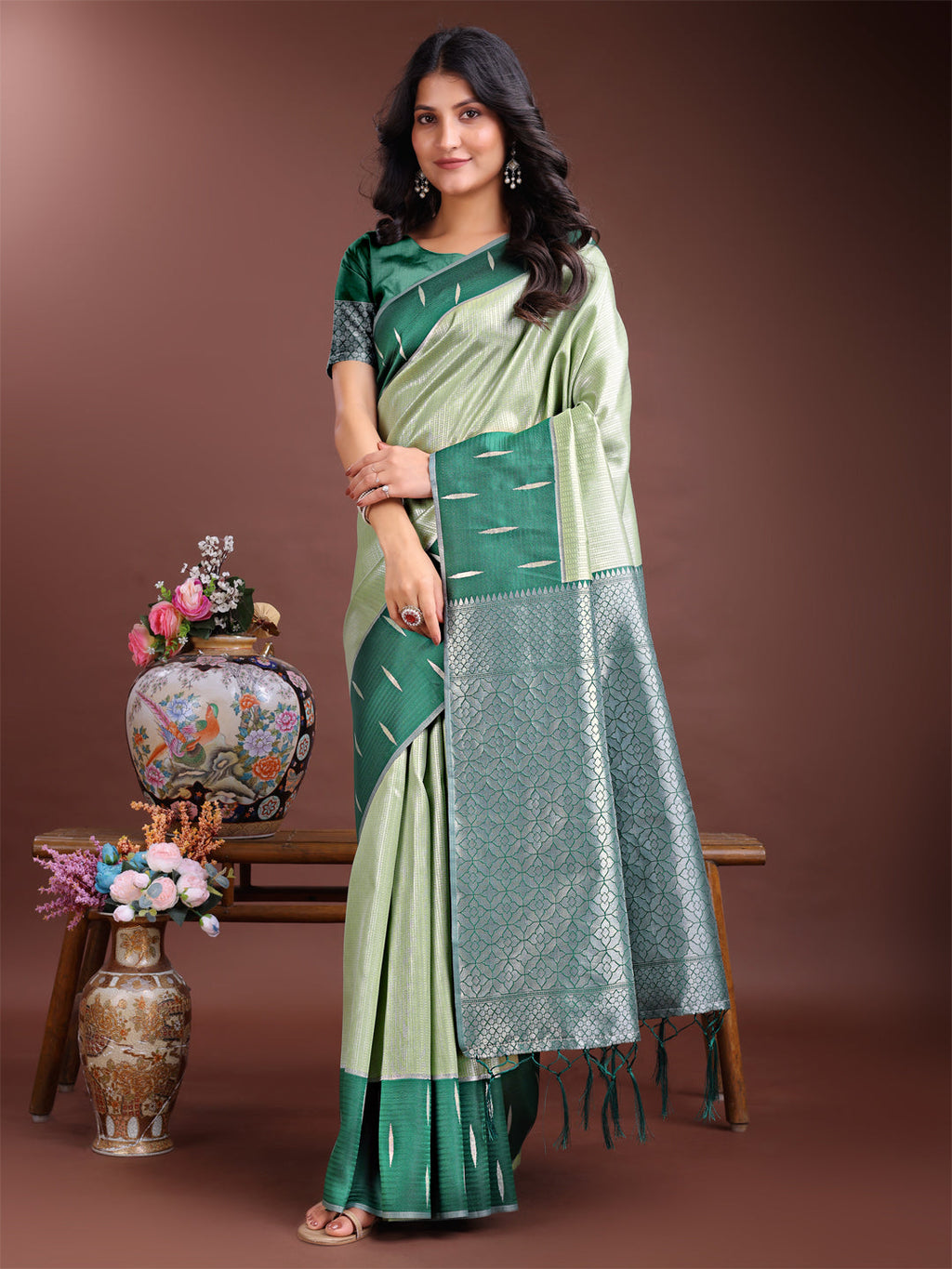 Shree Shyam Fashion Light Green Lichi Silk Woven Zari Work Traditional Tassel Saree