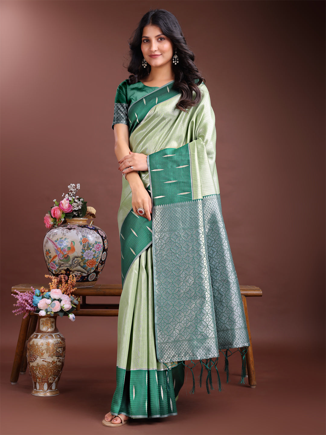 Shree Shyam Fashion Light Green Lichi Silk Woven Zari Work Traditional Tassel Saree