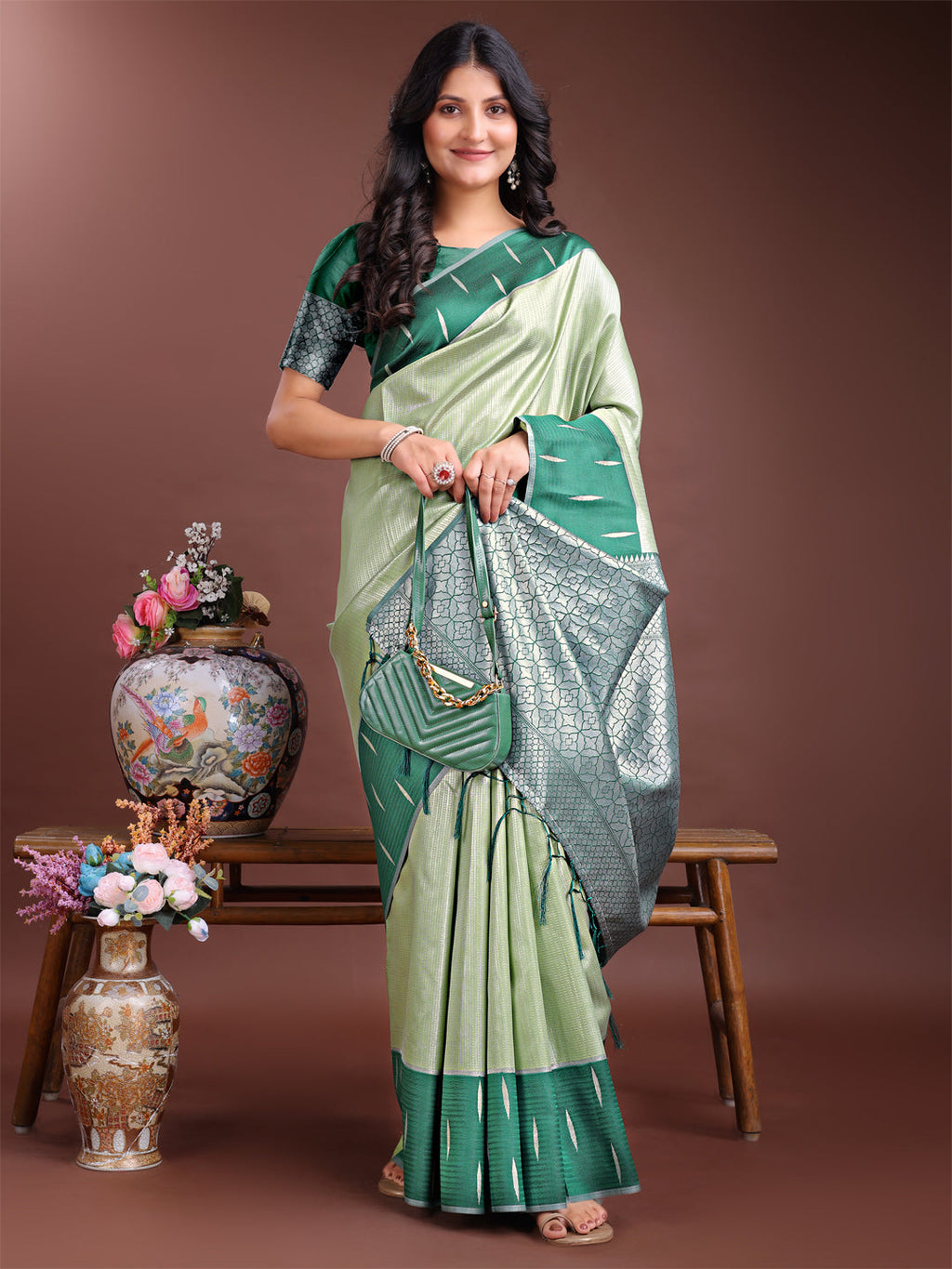 Shree Shyam Fashion Light Green Lichi Silk Woven Zari Work Traditional Tassel Saree